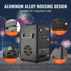 Black Bostome cold spark firework machine with aluminum alloy housing, portable handle, LED display, and ventilation fan.