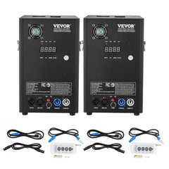 Two black Bostome 700W cold spark machines with adjustable height, digital displays, cables, and remotes.