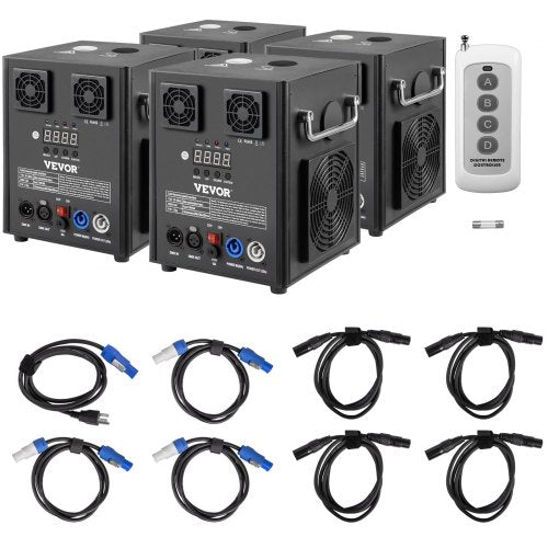 Four Bostome 500W cold spark machines with DMX control, remotes, cables, and fuse.