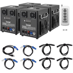 Four Bostome 500W cold spark machines with DMX control, remotes, cables, and fuse.