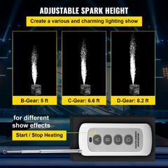 Bostome 500W cold spark machine showing adjustable spark heights from 5 to 8.2 ft with remote control.