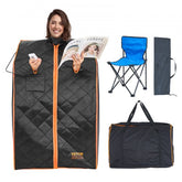 A portable far infrared sauna tent with head and arm holes for personal home use.