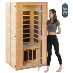 Bostome Far Infrared Sauna for 1-2 people, made of hemlock wood with a built-in control panel.