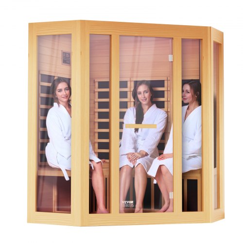 Wooden far infrared sauna room for 3-4 people with three women relaxing inside.