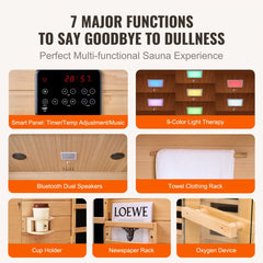 Control panel, color lights, Bluetooth speakers, towel rack, cup holder, newspaper rack, wood sauna interior.