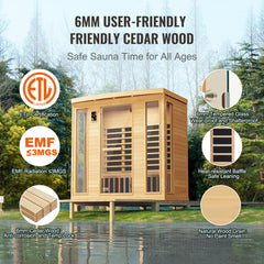 Wooden far infrared sauna room for 3-4 persons with hemlock panels and glass door.