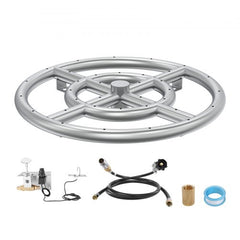 12-inch stainless steel round fire pit pan with hoses, igniter, valve, and sealing tape accessories
