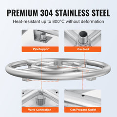 Round 12-inch stainless steel fire pit pan with pipe support, gas inlet, and valve connection.
