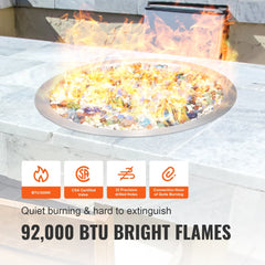 12-inch round stainless steel drop-in fire pit pan with 92,000 BTU flames and CSA certification.
