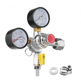 Silver Bostome double gauge CO2 regulator with 0-60 PSI display, check valve, CGA320 inlet, red shut-off, yellow lever, and barb outlet.