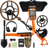 Orange Bostome waterproof metal detector with 12-inch coil, LCD display, headphones, and accessories.
