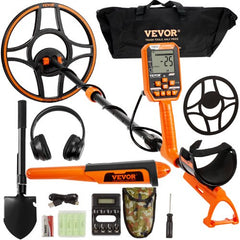 Orange Bostome waterproof metal detector with 12-inch coil, LCD display, headphones, and accessories.