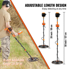 Man using Bostome waterproof metal detector with adjustable 39-50 inch handle in grassy field