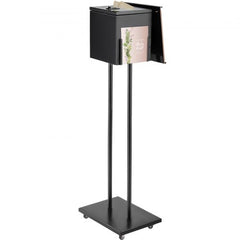 Black floor-standing ballot box with digital lock, sign holder, and wheels.