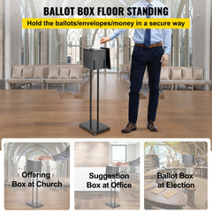 Black floor standing ballot box with digital lock and sign holder on wheels in office setting.