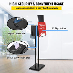 Black floor-standing ballot box with digital code lock, wide insertion slot, and A3 sign holder on wheels.