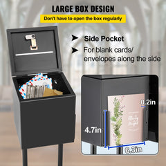 Black floor-standing ballot box with digital lock, open top, side pocket, sign holder, and measurements.