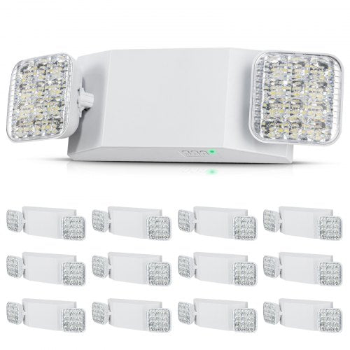 12-pack of white dual-head LED emergency exit lights with adjustable heads and green status indicator.