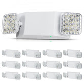 12-pack of white dual-head LED emergency exit lights with adjustable heads and green status indicator.