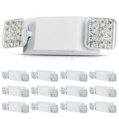 12-pack of white dual-head LED emergency exit lights with adjustable heads and green status indicator.