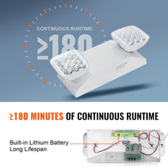 White dual-head LED emergency exit light with 180-minute battery runtime display.