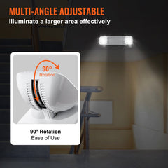 White dual-head LED emergency exit light with 90-degree adjustable rotation for multi-angle illumination.