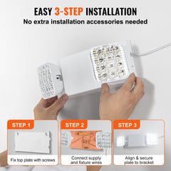Easy 3-step installation of white dual-head LED emergency exit light with bracket and wires.
