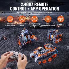 554-piece STEM 5-in-1 remote control robot building kit with app control and multiple modes.