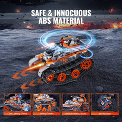 Gray and orange tank robot from Bostome STEM 5-in-1 building kit with tracks, lights, and inset views.