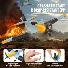 Blue and yellow WWII-style EPP foam RC airplane with remote, showing crash-resistant features.