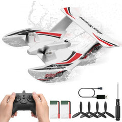 Amphibious RC airplane made of EPP foam with remote control and dual batteries for extended flight.