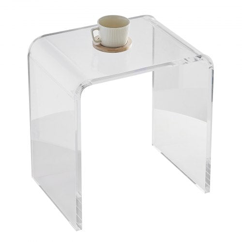 Clear acrylic C-shaped side table, 18mm thick, with a white cup on top.