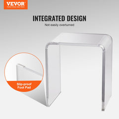 Clear acrylic C-shaped side table with 18mm thickness and slip-proof foot pads.
