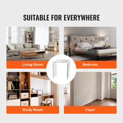 Clear acrylic C-shaped side table, 18mm thick, shown in living room, bedroom, study, and foyer.