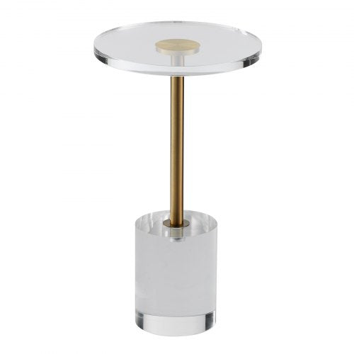 Round clear acrylic end table with metallic accents, smooth edges, and sturdy legs.