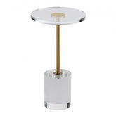 Round clear acrylic end table with metallic accents, smooth edges, and sturdy legs.