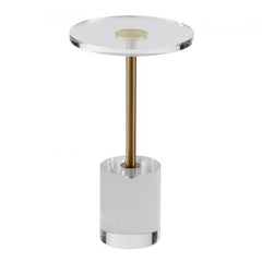 Round clear acrylic end table with metallic accents, smooth edges, and sturdy legs.
