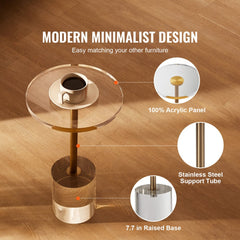 Round clear acrylic end table with metallic accents and smooth edges for living areas.