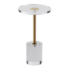 Round clear acrylic end table with metallic accents and smooth edges for versatile use.