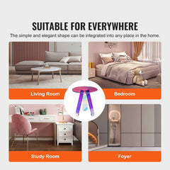 Round iridescent acrylic side table with clear rainbow surface and triangle legs, shown in living room, bedroom, study, and foyer settings.
