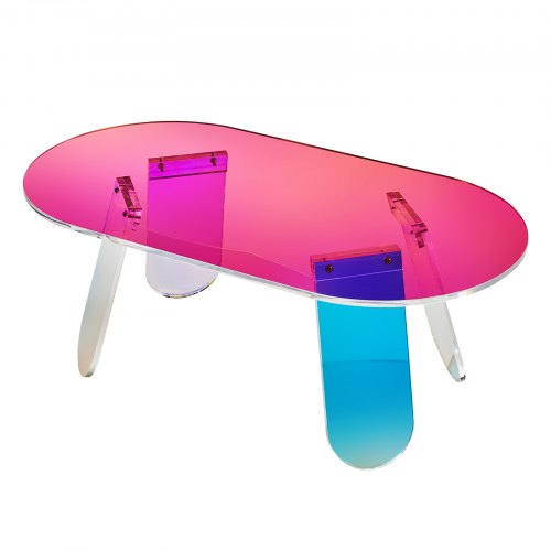 Iridescent acrylic coffee table with trapezoidal legs, 13.8 inches high.