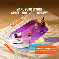 Iridescent acrylic coffee table with trapezoidal legs, 13.8 inches high, on a rug with drinks and a book.