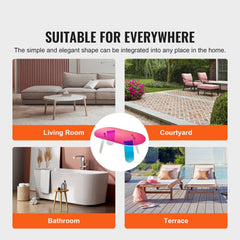 Iridescent acrylic coffee table with trapezoidal legs, shown in living room, courtyard, bathroom, and terrace settings.