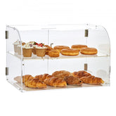 Two-tier acrylic pastry display case with a rear door for easy access and organization.