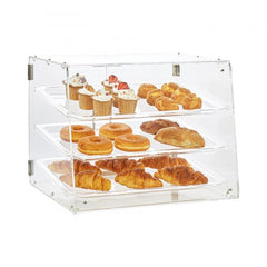Clear acrylic 3-tier pastry display case with croissants, donuts, and cupcakes on trays.