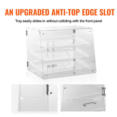 Clear acrylic 3-tier pastry display case with removable trays and magnetic rear door.