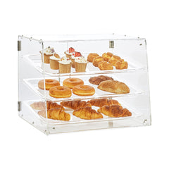 Clear 3-tier acrylic pastry display case with cupcakes, croissants, and donuts inside.