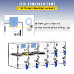 Clear acrylic cell phone storage locker with 10 slots and individual locks for secure storage.