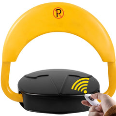 Yellow steel automatic parking space lock with remote control and wireless base.