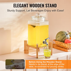 Bostome 1.5 gallon glass beverage dispenser with stainless steel spigot and wooden stand.